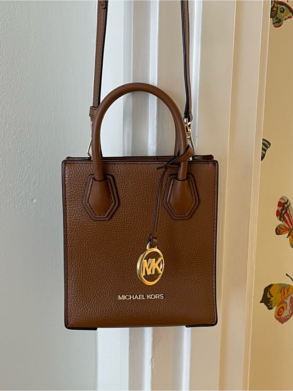 Michael Kors Brown Leather Mini Satchel with Gold MK Charm